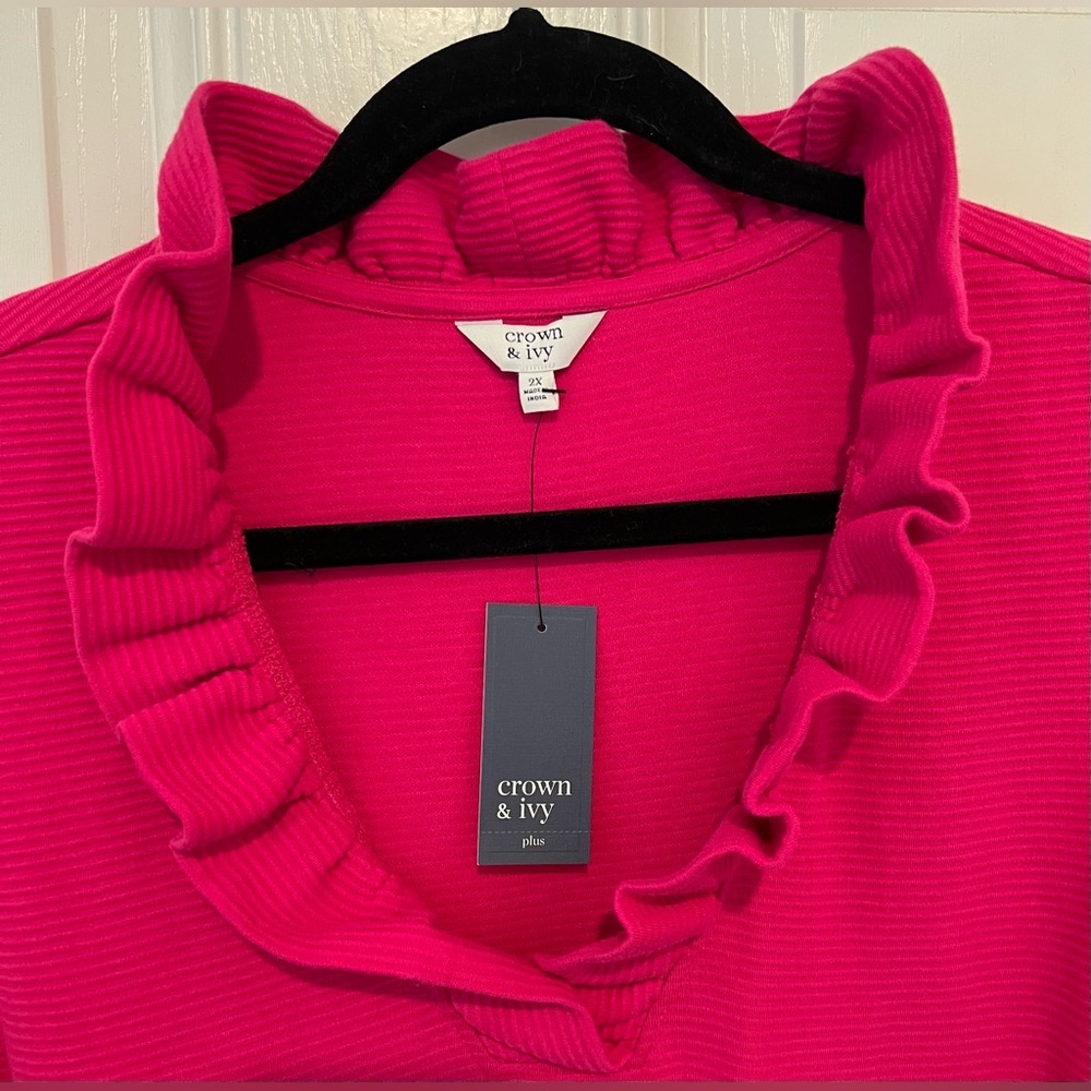 New! Crown & Ivy Fuchsia Pink Ruffle Neck Womens Sleeveless Blouse Size 2X NWT - Picture 5 of 13